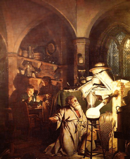 The Alchymist, in Search of the Philosopher’s Stone, Discovers Phosporus, and prays for the successful Conclusion of his operation, as was the custom of the Ancient Chymical Astrologers (The Alchemist Discovering Phosporus) oleh Joseph Wright (1771) (courtesy: wikipedia)